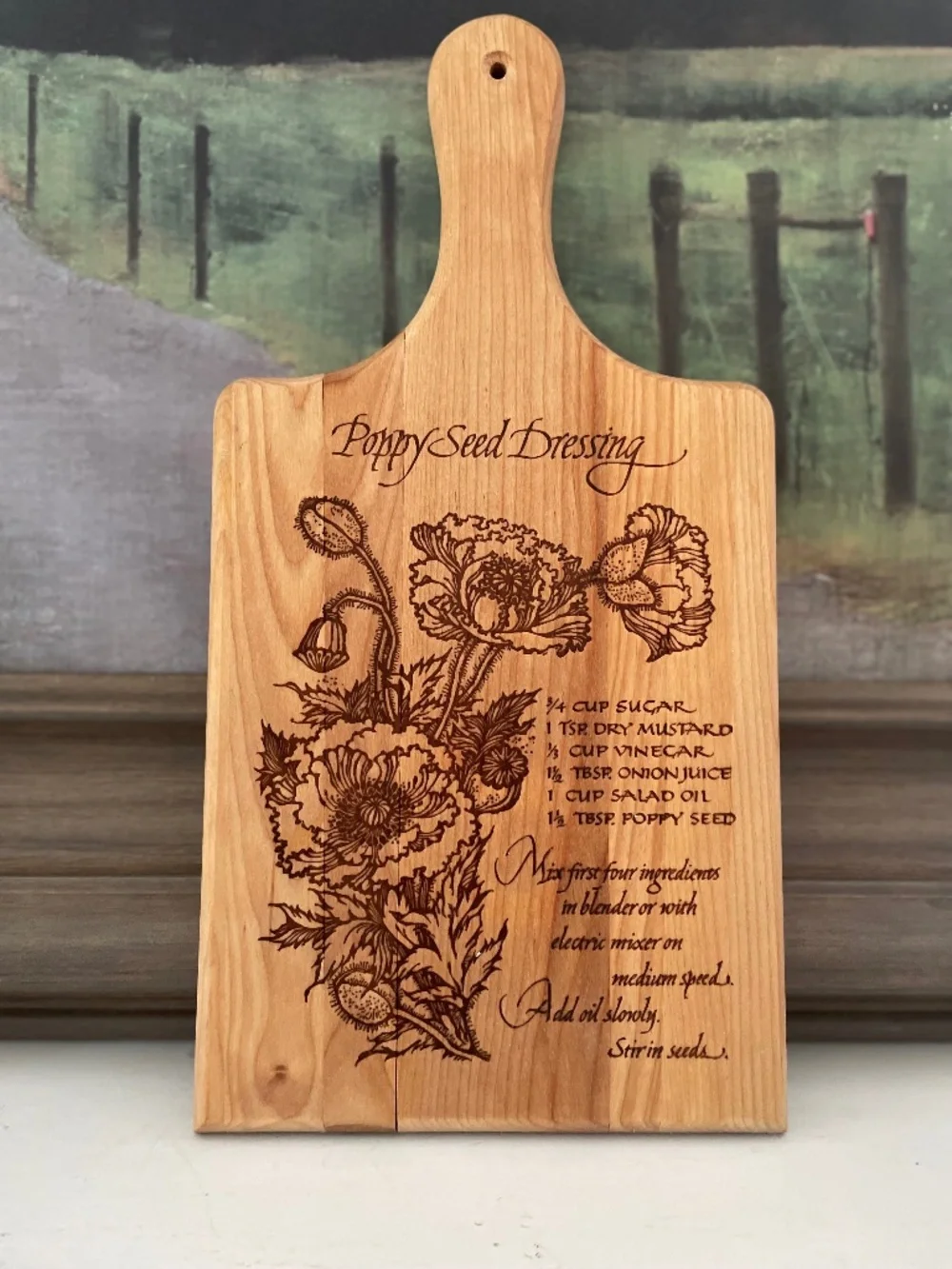 Wooden Floral Burnout Poppy Seed Dressing Recipe Cutting Board Kitchen Decor 13”